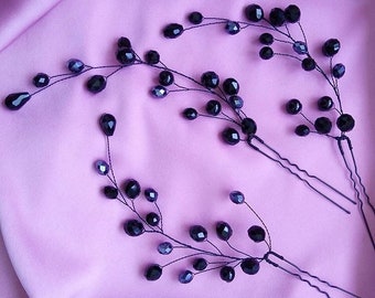 Long Hairpins, Black hair Accessories, Crystal Beaded Pins, Hairpieces for Gothic Weddings