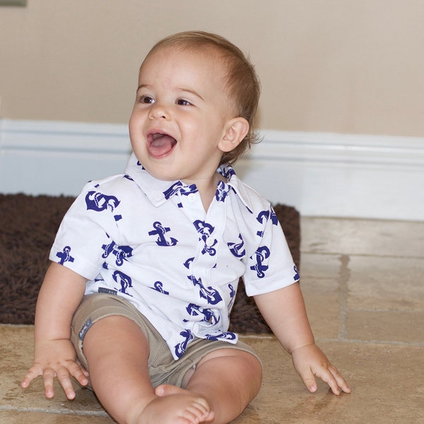 Boys Blue Anchor Sailor Button Down Collared Party Shirt • Available in Infant, Toddler and Kids sizes: 6M, 12M 18M, 2T, 3T, 4T, 5, 6 and 6X