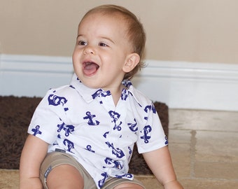 Boys Blue Anchor Sailor Button Down Collared Party Shirt • Available in Infant, Toddler and Kids sizes: 6M, 12M 18M, 2T, 3T, 4T, 5, 6 and 6X