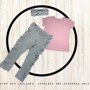 Girls Gray Ruched Ruffle Leggings and Matching Bow Headband in Infant, Toddler and Kids sizes 12 month, 18 month, 2T, 3T, 4T, 5, 6 and 6X.