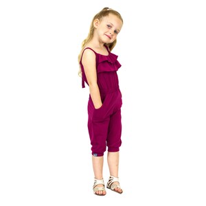 Girls Magenta Ruffle Jumpsuit with pockets and adjustable straps • Available in Toddler and Kids sizes 2T, 3T, 4T, 5, 6 and 6X