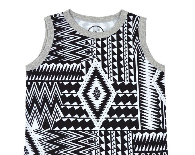 Boys Black and White Zig Zag Tank Top//  Little Boy's White Tank with Black Zig Zags and other Geometric Shapes