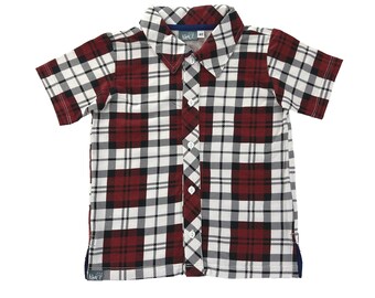 Burgundy Plaid Button Down Collared Shirt • Short Sleeve Party Shirt in Infant, Toddler and Kids Sizes 12M, 18M, 2T, 3T, 4T, 5, 6 and 6X