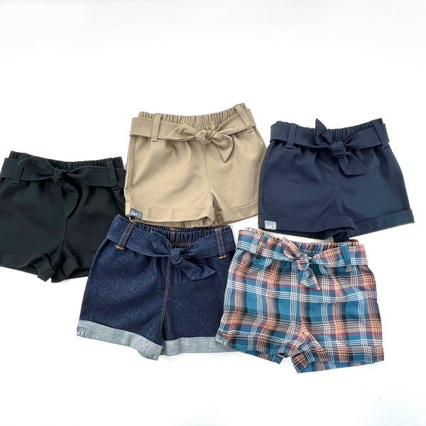 Little Girls  Bow Uniform Shorts// Girls Navy Twill Pull on Sash Shorts// Toddler Girls Navy Twill Knot Shorts