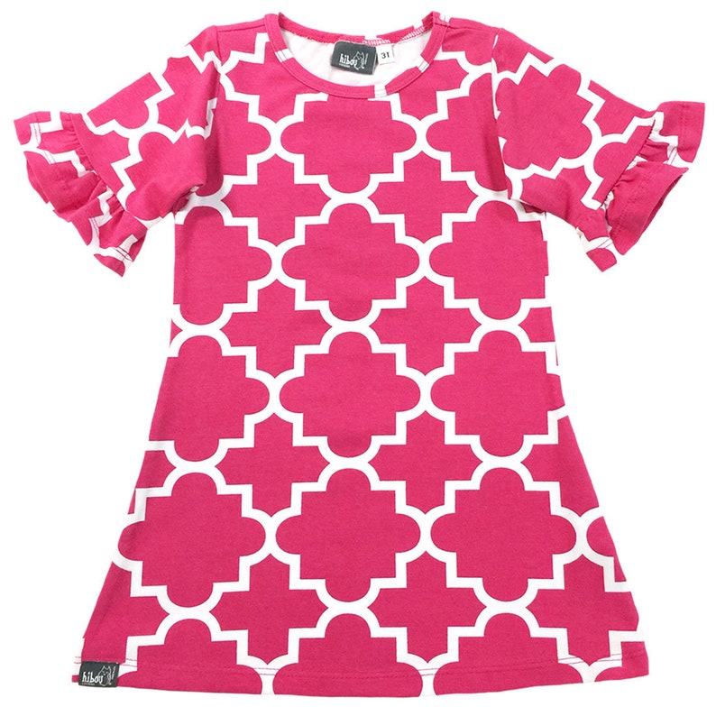 Size 2T-6X A-Line Dress 34 Quarter Bell Sleeves Knee Length Little Girls Quatrefoil Dress Pink Geometric Print