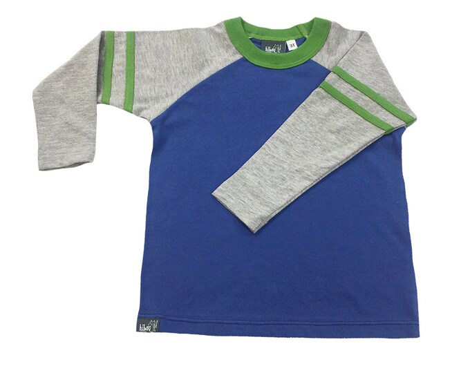 Boys Blue/ Green /Heather Grey Long Sleeve Varsity Raglan// Boys Baseball Tee with Contrasting Sleeves with Green Varsity Stripes