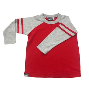 Boys Red Varsity Raglan • Long Sleeve T-Shirt Available in Infant, Toddlers and Kids Sizes • 12 month, 18 month, 2T, 3T, 4T, 5, 6 and 6X