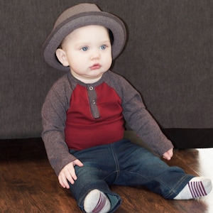 Boys Red Long Sleeve Raglan Henley • Little Kids Henley with Snap Buttons • Infant, Toddler and Kids Sizes