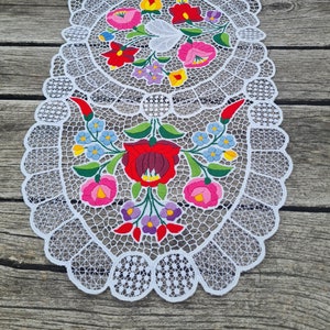 Hungarian  Traditional Kalocsa table runner, Hungarian embroidery from Kalocsa, Hand Embroidered with richelieu, prettypattern, wedding gift