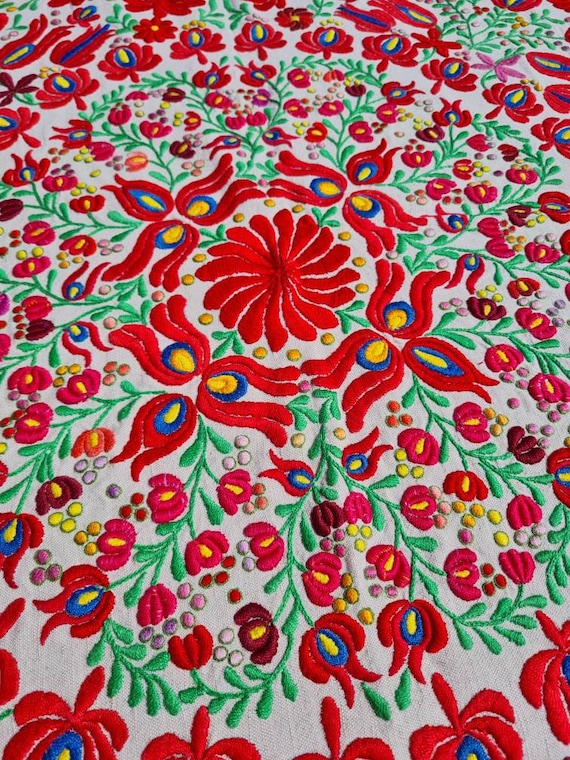 Antique Hungarian Linen Tablecloth, Hand Embroidered Floral Decor