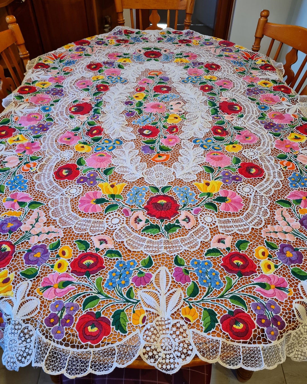Hungarian Large Rare Traditional Kalocsa Tablecloth, Hungarian Hand