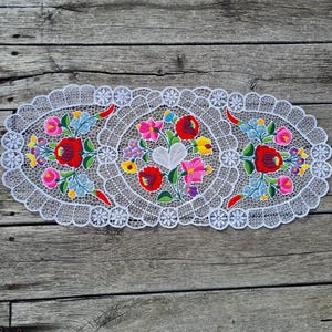 Hungarian  Traditional Kalocsa table runner, Hungarian embroidery from Kalocsa, Hand Embroidered with richelieu, heart pattern, wedding gift