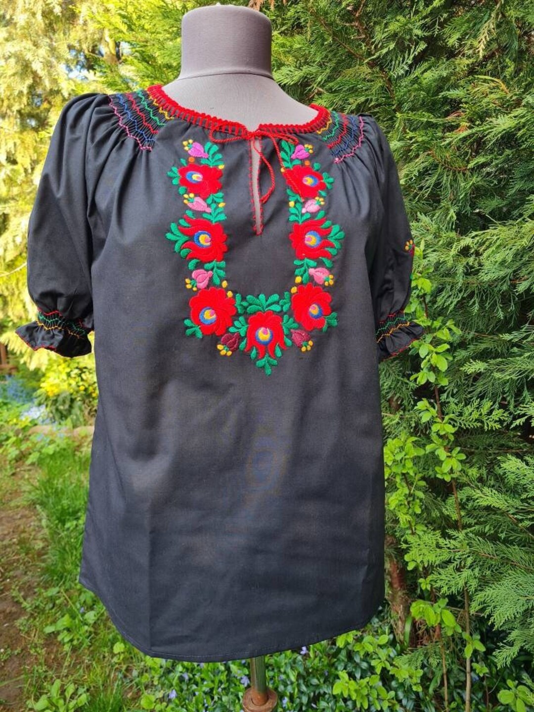 Hungarian Black Blouse Floral Handembroidered, Peasant Blouse, Floral