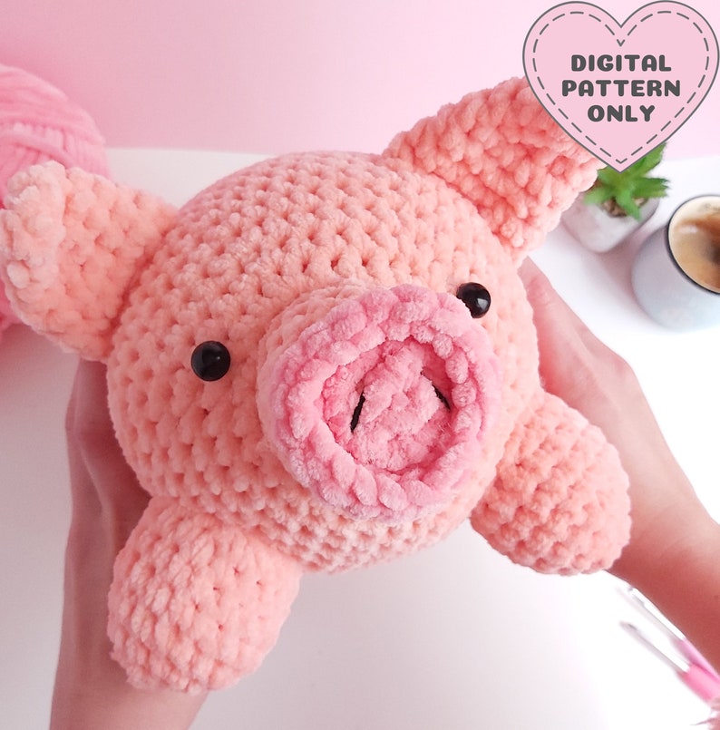 Crochet Pig Pattern, Chubby Piggy Amigurumi with Fluffy yarn, Big Amigurumi, Amigurumi Farm Animals, Crochet Toy DIY image 1