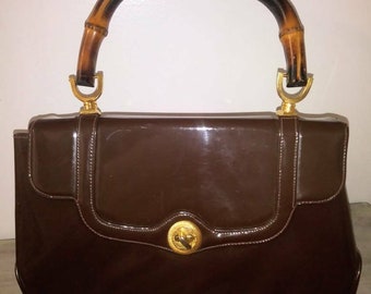 Vintage Meyer Brown Patent Leather Purse with Bamboo Handle