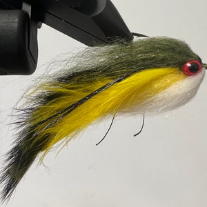 May include: A green, yellow, and white fly fishing lure with red eyes. The lure has a long tail of black and green feathers.