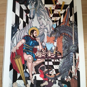 Pittura d’arte del drago degli scacchi, stampa retrò, arte da parete retrò, arredamento estetico della camera, decorazione da parete di San Giorgio e il drago, arte di miti, leggende