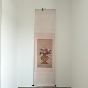 Hanging scroll painting,wall decor,Chinese hung scroll,oriental painting,vase flowers art,Japanese paper scroll,vertical scroll hanging