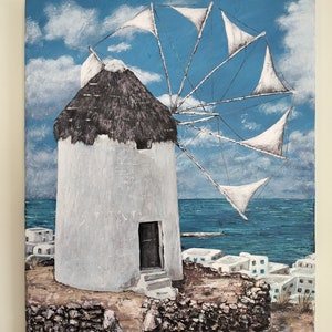 Mykonos Greece windmill  painting,greece island wall picture,greek scenery painting