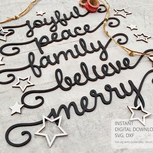 Digital Cut File -  Christmas Place Settings - merry, peace, joyful, family, believe (Cut File), SVG, DXF, Glowforge, Cricut, Silhouette