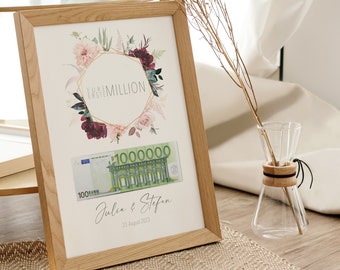 Personalisiertes Geldgeschenk fürs Brautpaar, Format und Rahmen wählbar, Hochzeitsgeschenk gerahmt, Bild Just Married „Eure erste Million“