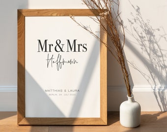 Personalisiertes Geschenk zur Hochzeit oder zum Jahrestag, Format und Rahmen wählbar, Hochzeitsgeschenk gerahmt „Wedding Mr & Mrs“