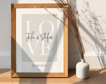 Personalisiertes Geschenk zur Hochzeit oder zum Jahrestag, Format und Rahmen wählbar, Hochzeitsgeschenk gerahmt „Wedding Love Artist“