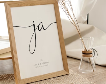 Personalisiertes Geschenk zur Hochzeit oder zum Jahrestag, Format und Rahmen wählbar, Hochzeitsgeschenk gerahmt „Wedding Ja“