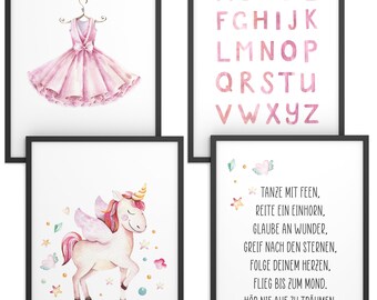 Kinderposter Set | Wanddeko Kinderzimmer | Geschenk für Mädchen und Jungen | Motiv: Aquarell Unicorn | Format wählbar
