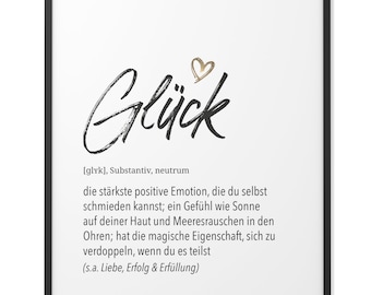 Herz-Definition: Glück | Format wählbar | Premium Spruch-Poster für Küche Wohnzimmer oder WG | Kunstdruck für den Bilderrahmen