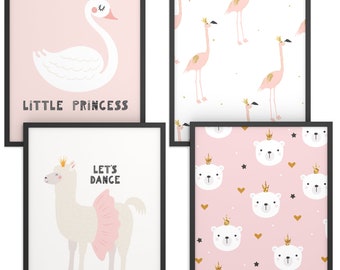 Kinderposter Set | Wanddeko Kinderzimmer | Geschenk für Mädchen und Jungen | Motiv: Princess Animals | Format wählbar