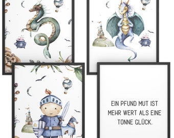 Kinderposter Set | Wanddeko Kinderzimmer | Geschenk für Mädchen und Jungen | Motiv: Ritter und Drachen | Format wählbar