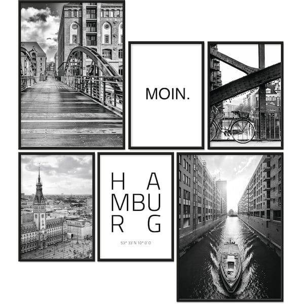 Mood-Poster Set Hamburg | Bilder optional mit Rahmen | Wanddeko für Wohnzimmer, Schlafzimmer, Küche | Hafen Hauptstadt des Nordens