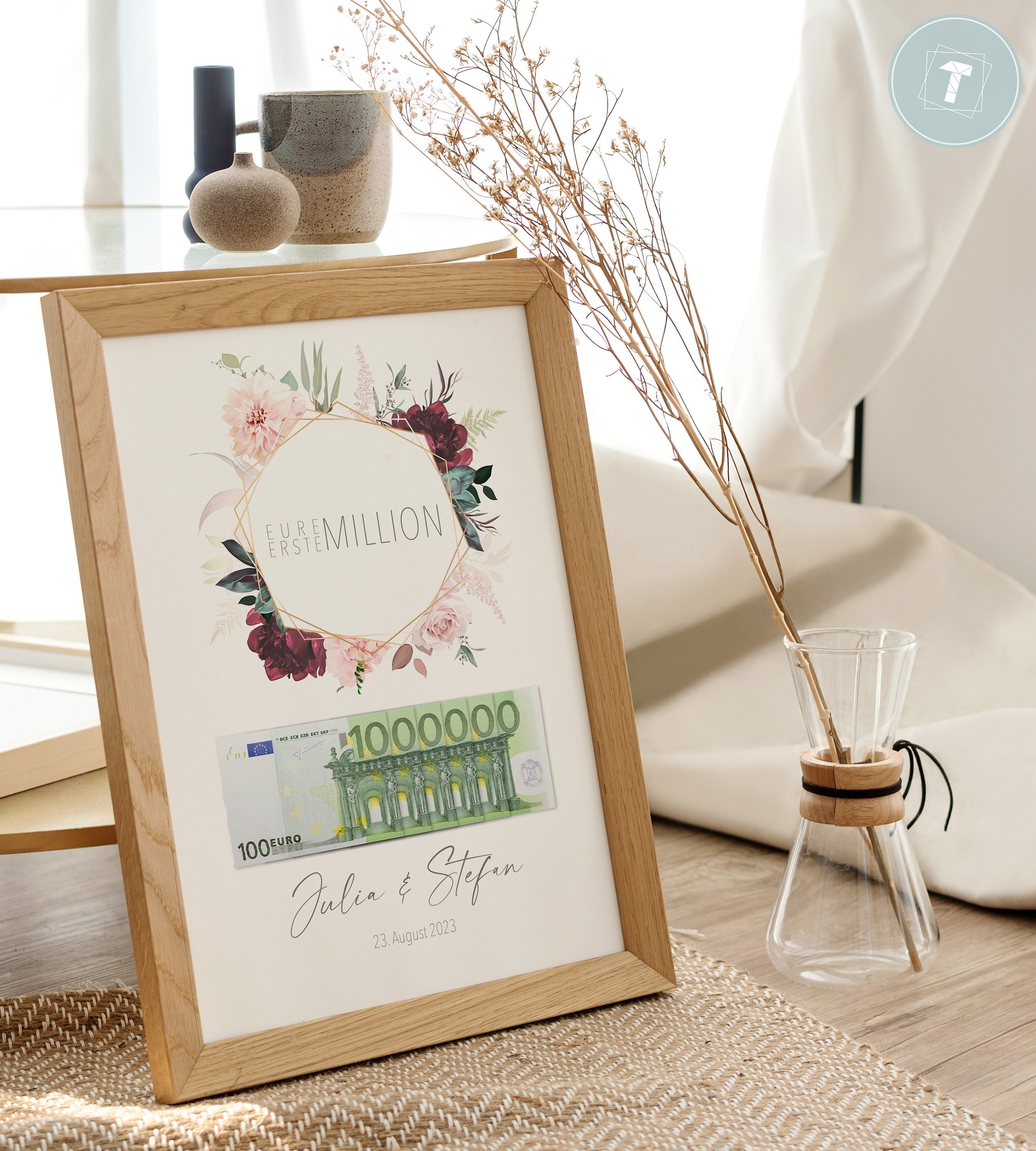 Personalisiertes Geldgeschenk fürs Brautpaar, Format und Rahmen wählbar, Hochzeitsgeschenk gerahmt, Bild Just Married „Eure erste Million“