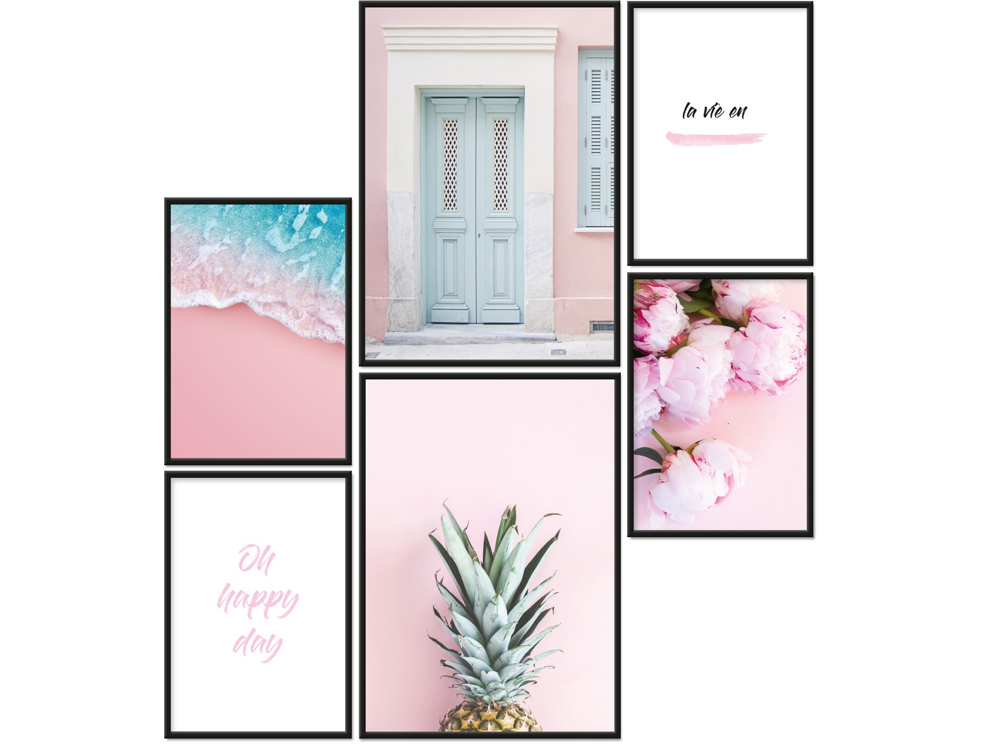 Mood-Poster Set La Vie En Rose | Bilder optional mit Rahmen | Wanddeko für Wohnzimmer, Schlafzimmer, Küche | Rosa Ananas Pfingstrosen