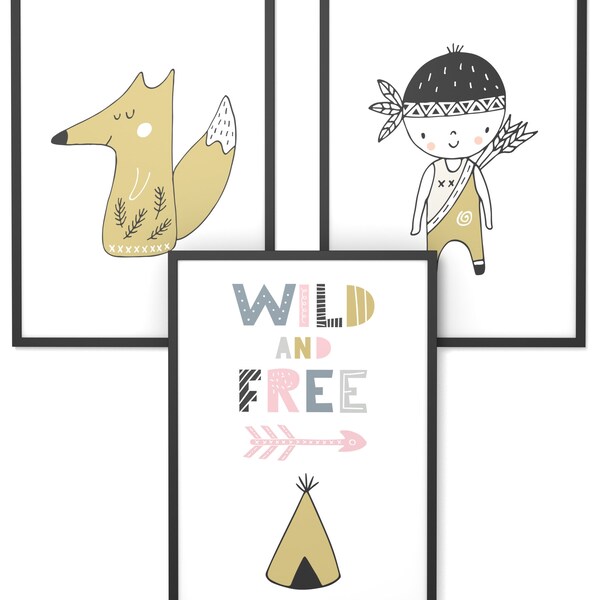 3 Kinderposter Set | Wanddeko Kinderzimmer | Geschenk für Mädchen und Jungen | Motiv: Indianer Wild and Free | Format wählbar