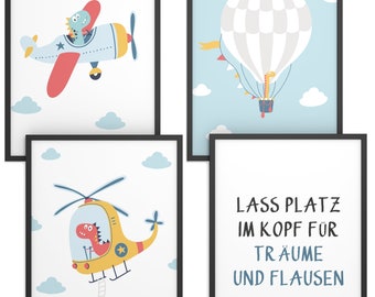 Kinderposter Set | Wanddeko Kinderzimmer | Geschenk für Mädchen und Jungen | Motiv: Dino Flieger | Format wählbar