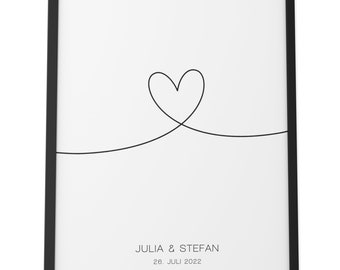 Personalisiertes Geschenk zur Hochzeit oder zum Jahrestag, Format und Rahmen wählbar, Hochzeitsgeschenk gerahmt „Wedding Heart“