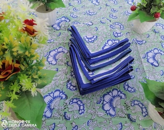 Blue Floral Hand Block Printed Tablecloth: Cotton Table Linen & Napkins