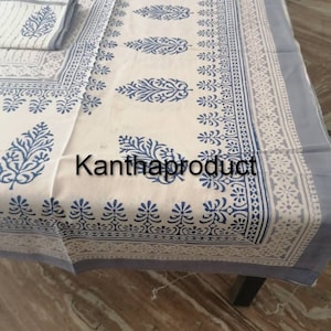 Indian Indigo Blue Flower Design Hand Block Printed Home Stead Table Cloths Cotton With Napkins Table Cover 6 Set "60x90" Inch.