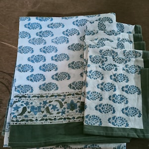 Indian indigo Blue Flower Design Hand Block Printed Home Stead Table Cloths Cotton With Napkins Table Cover 6 Set "60x90 " Inch.