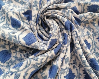 Indigo Blue Floral Cotton Fabric: Hand Block Printed Jaipuri Print