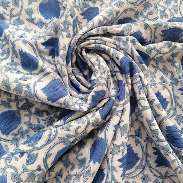 indigo Blue Floral Cotton Fabric, Hand Block Printed Jaipuri Print Fabric, Sewing Dress Making Soft Fabric Indian Dress Fabric