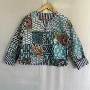 Handcrafted Patchwork Kantha Quilted Jacket, Boho Cotton Coat
