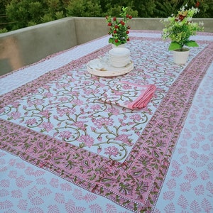 Pink and White Hand Block Print Tablecloth Table Cover India Cotton Table Linen, Custom Tablecloth, Gift for Mom Handmade Printed Table cove