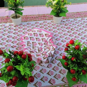 Indian Table Cover Hand Block Printed Flower Design Hand Block Printed Home Stead Table Cloths Cotton With Napkins 6 Set "60x90 " Inch