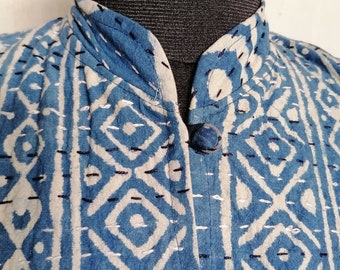 Indigo Blue Cotton Kantha Jacket, Hand Block Printed  Jacket,Hand Quilted, Handmade Kantha Coat Kantha Women's Jacket Short Jacket L Size