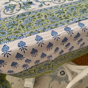 Indian Green Color and Blue Table Cloth, Hand Block Printed Table Cloth, Block Print Cotton Table Cover, Dinning Table Cover, Table Cloths