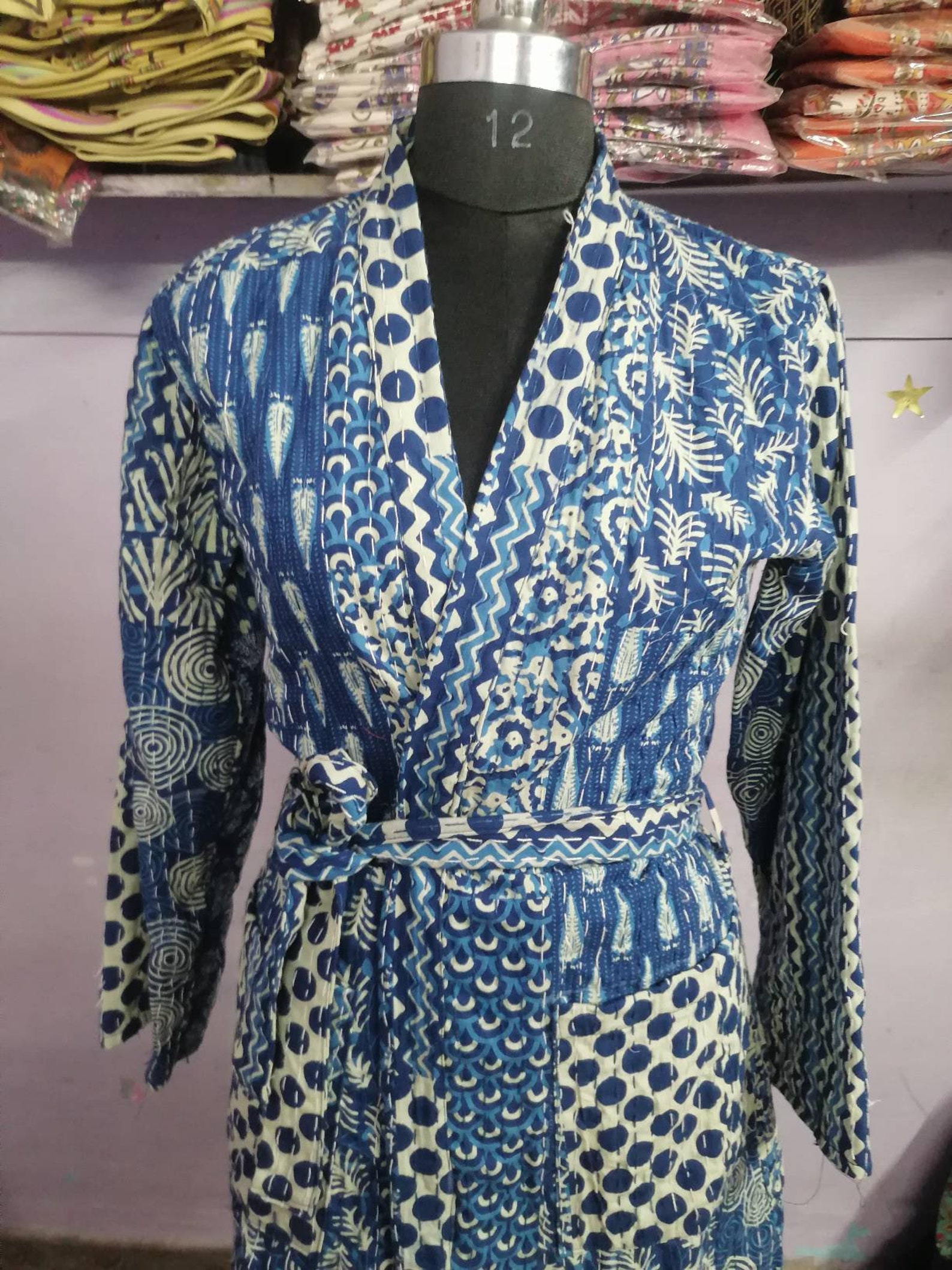 Indio hecho a mano Indigo blue Robe bata de baño de algodón Etsy