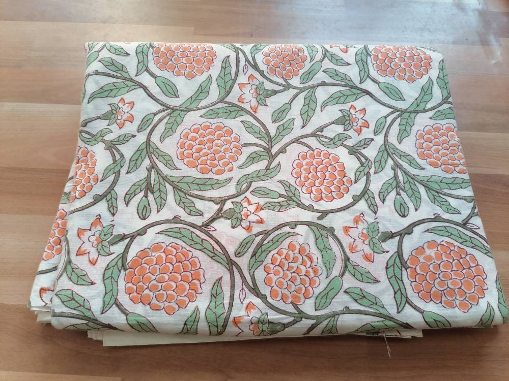 Hand Block Print Floral Cotton Fabric - 5 Yards, 45" Wide, 100% Cotton (White) 11 thumbnail image